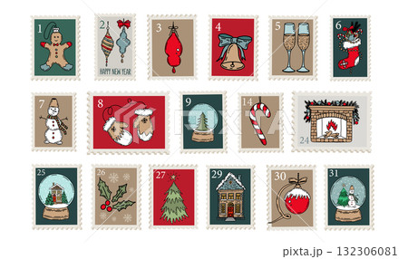 Hand-Drawn Christmas Festive Stamps Collection	 132306081