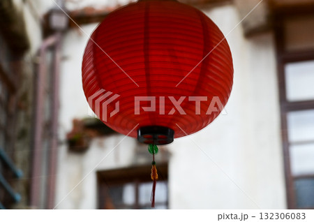 Window reflection of the traditional Chinese lantern. Colorful lanterns. Festive decoration. Mid-autumn festival decoration,Chinese New Year decoration, for celebration. Festive background concept 132306083