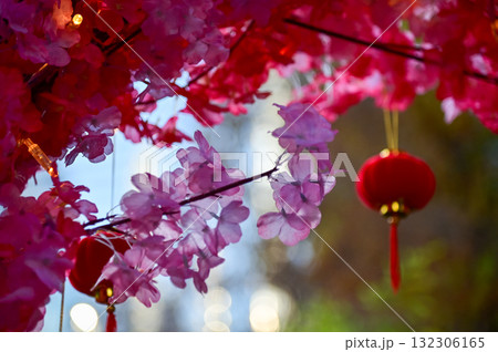 Close-up of the artificial peach blossom flower with the Chinese traditional red lantern decor in background. Festive decoration and celebration. Chinese New Year decoration. For background use. 132306165