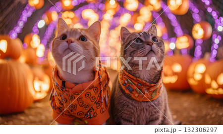 秋の夜の屋外ハロウィン会場で猫2匹が見上げる 132306297