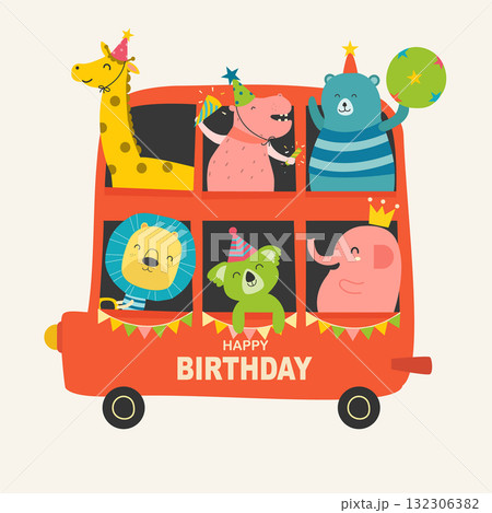 Cute animal with school bus.Happy birthday, holiday, baby shower celebration greeting and invitation card.Vector illustrations. Cute animal with school bus.Happy birthday, holiday, baby shower celebration greeting and invitation card.Vector illustrations. 132306382