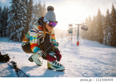 Ski enthusiast prepares gear on snowy slopes during a bright winter morning in a mountain resort Ski enthusiast prepares gear on snowy slopes during a bright winter morning in a mountain resort 132306409