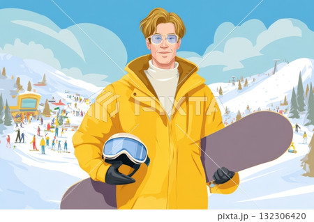 Snowboarder wears bright yellow jacket and holds snowboard at ski resort on sunny winter day surrounded by snow and skiers Snowboarder wears bright yellow jacket and holds snowboard at ski resort on sunny winter day surrounded by snow and skiers 132306420