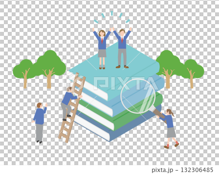 學生們在一堆書上歡欣鼓舞 | 教育概念插圖象徵著學習、努力工作和追求知識 132306485