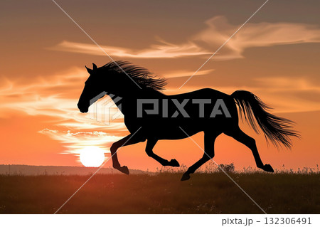 夕焼けのシルエットの馬 夕焼けのシルエットの馬 132306491