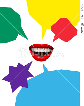 Vibrant composition. Red lips surrounded by colorful speech bubbles symbolizing joyful communication and creativity 132306502