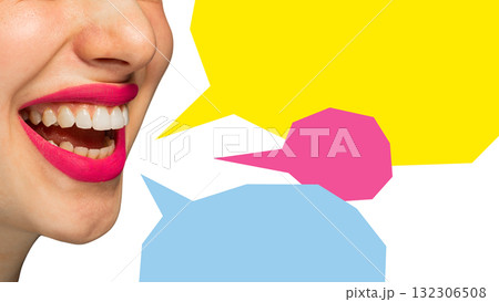 Creative artwork. Woman with pink lipstick laughing near colorful speech bubbles symbolizing joy of communication 132306508