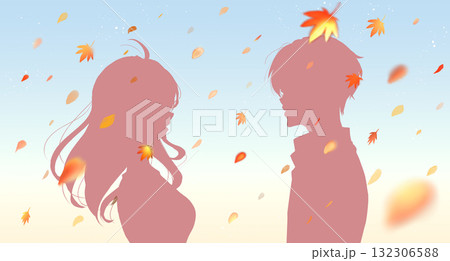 向かい合う男女　紅葉　シルエット 132306588