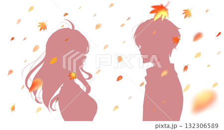 向かい合う男女カップル　紅葉　シルエット 132306589
