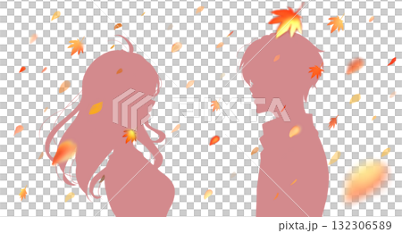 向かい合う男女カップル　紅葉　シルエット 132306589