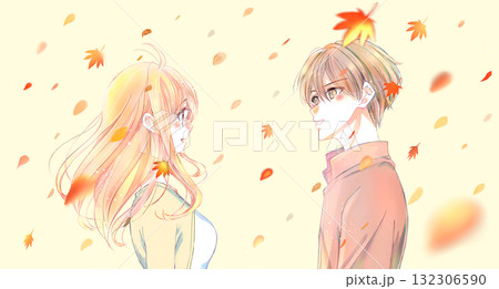 向かい合う男女カップル 紅葉 向かい合う男女カップル 紅葉 132306590