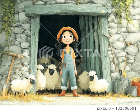 美優シリーズ：羊と触れ合う若い女性 132306601