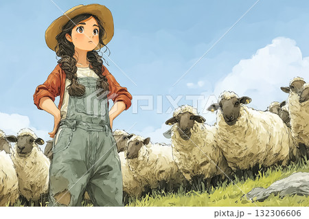美優シリーズ：羊と触れ合う若い女性 132306606