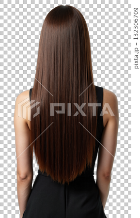 Back View Female Hair Woman shown from behind with long straight brown hair, neat haircut, isolated against white with soft 132306709