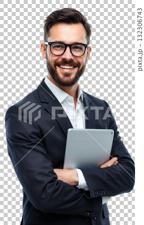 Businessman Holding Tablet. A Caucasian man with short dark hair, glasses, and a beard, wearing a dark suit and white Businessman Holding Tablet. A Caucasian man with short dark hair, glasses, and a beard, wearing a dark suit and white 132306743