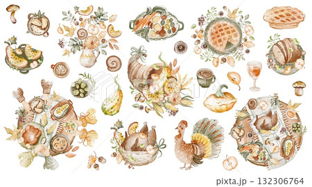 Thanksgiving Watercolor Clipart Elements Pack For Holiday Design 132306764