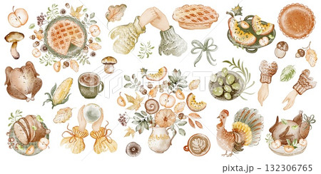 Thanksgiving Watercolor Clipart Elements Pack For Holiday Design 132306765