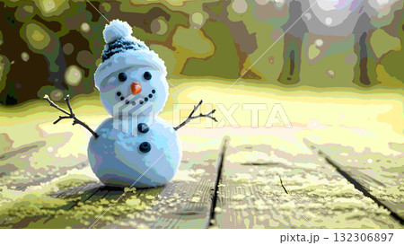 冬の日のウッドデッキに佇む雪だるま 132306897