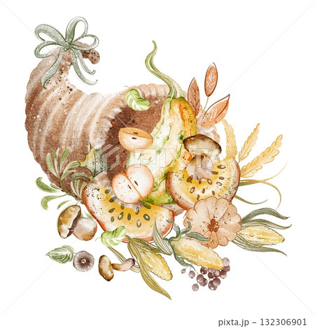 Horn of Plenty Watercolor Illustration 132306901