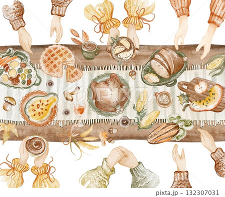 Thanksgiving Dinner Table With Food And Hands Watercolor 132307031