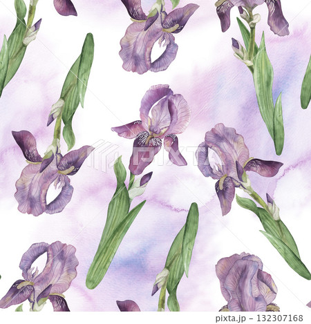 Seamless pattern with purple irises on a background of pink-lilac watercolor spots. The flower illustration is hand-drawn in a botanical style. For wallpaper design, textiles, fabrics, wrapping paper Seamless pattern with purple irises on a background of pink-lilac watercolor spots. The flower illustration is hand-drawn in a botanical style. For wallpaper design, textiles, fabrics, wrapping paper 132307168