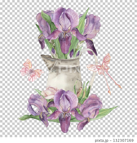 a bouquet of purple irises in a vintage jug with roses, buds, pink butterflies. The watercolor illustration is hand-drawn in a botanical style in bright, delicate shades. For cards, garden design a bouquet of purple irises in a vintage jug with roses, buds, pink butterflies. The watercolor illustration is hand-drawn in a botanical style in bright, delicate shades. For cards, garden design 132307169
