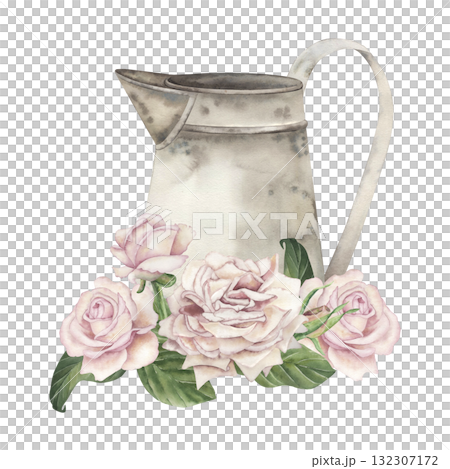 Vintage metal jug with patina, decorated with delicate pink roses. The watercolor illustration is handmade in a botanical style and pastel shades. For postcards, weddings, scrapbooking, packaging 132307172