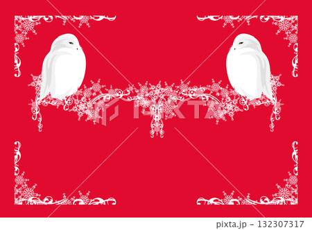 red and white vector design of winter season owl birds with snow decor forming frame border 132307317