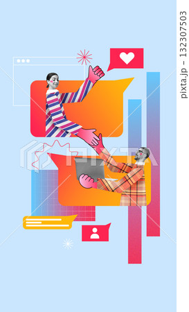 Bold colorful poster. Man and woman exchanging ideas through chat bubbles symbolizing cross-team creative workflow in digital workspace 132307503