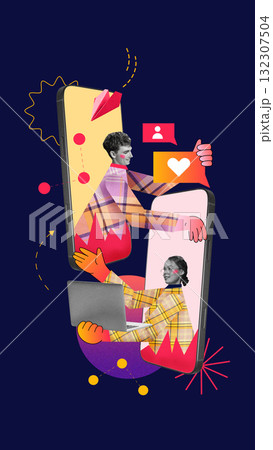 Digital pop art composition. Two professionals connecting via smartphones. Digital pop art composition. Two professionals connecting via smartphones. 132307504