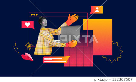 Creative collage. Smiling woman using laptop with chat icons symbolizing customer engagement. Creative collage. Smiling woman using laptop with chat icons symbolizing customer engagement. 132307507