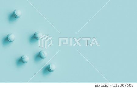 Scattered Monochromatic Pastel Blue Baseball Ball. 3D Rendering. Scattered Monochromatic Pastel Blue Baseball Ball. 3D Rendering. 132307509