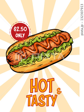 Hotdog poster in pop art style with price and retro rays Hotdog poster in pop art style with price and retro rays 132307913