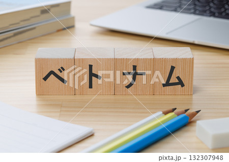 机の上にベトナムと書かれたブロック 132307948