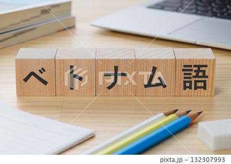 机の上にベトナム語と書かれたブロック 132307993