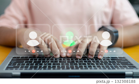 Online video conference communication on laptop, virtual meeting and remote work technology concept Online video conference communication on laptop, virtual meeting and remote work technology concept 132308188