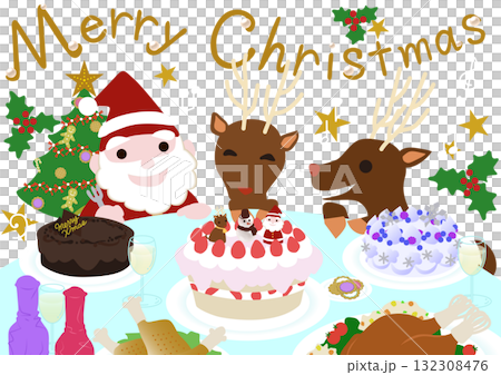 一場有聖誕蛋糕和盛宴的有趣派對 — — 聖誕節插畫 一場有聖誕蛋糕和盛宴的有趣派對 — — 聖誕節插畫 132308476