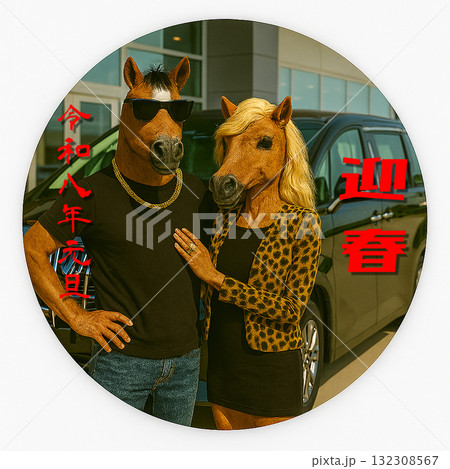 【午年・迎春】ラグジュアリーミニバンと馬セレブ夫婦の年賀状 | 2026年 令和8年 | インスタ 132308567
