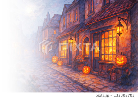 満月の夜、ランタンが灯るハロウィンの街角（コピースペースあり） 132308703