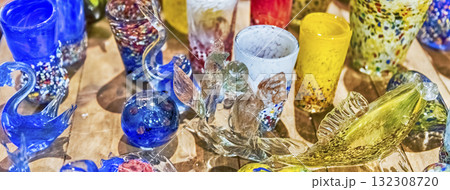 Traditional colorful murano glass goblets  for sale, Murano, Venice, Italy 132308720
