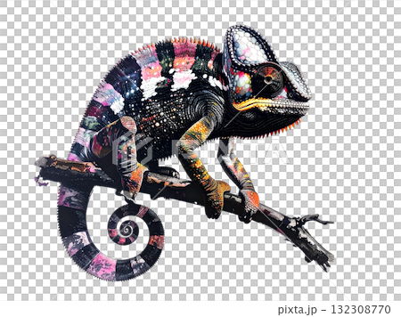 Vibrant chameleon on a branch. Stunning mixed media art blending vivid color washes with bold, dark charcoal lines for a striking effect. Vibrant chameleon on a branch. Stunning mixed media art blending vivid color washes with bold, dark charcoal lines for a striking effect. 132308770