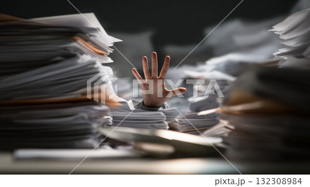 Overwhelmed Office Worker Reaches Through Stacks Of Paper And Piles Of Documents In Chaos 132308984