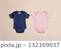 Two Onesie. Blue and pink baby clothes on beige pastel background. Fashion newborn clothes. Flat lay, top view. Baby kids clothing set. Infant cotton bodysuit. Gender. Baby shower concept. Boy or Girl 132309037