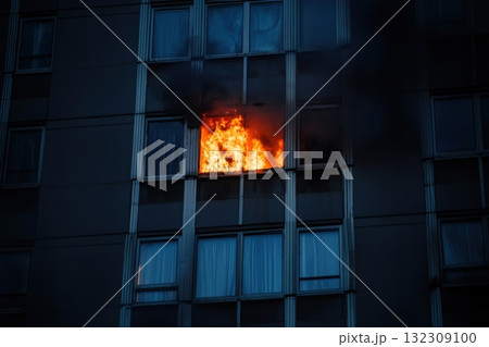 Fire engulfs building window during late evening in urban environment Generative AI 132309100