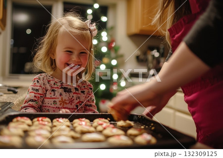 Mother and little daughter baking cookies together in a cozy kitchen Generative AI Mother and little daughter baking cookies together in a cozy kitchen Generative AI 132309125