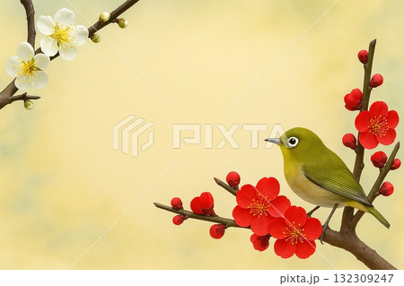早春 梅とメジロ 紅梅 白梅 フォトリアル 早春 梅とメジロ 紅梅 白梅 フォトリアル 132309247