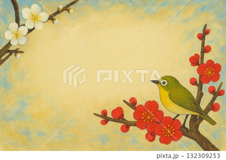 早春　梅とメジロ　紅梅　白梅　油彩画 132309253