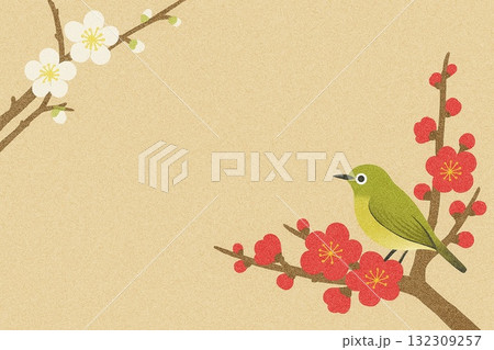 早春　梅とメジロ　紅梅　白梅　砂絵調 132309257