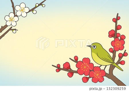 早春　梅とメジロ　紅梅　白梅　アニメ調 132309259