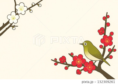 早春　梅とメジロ　紅梅　白梅　ベクター 132309261